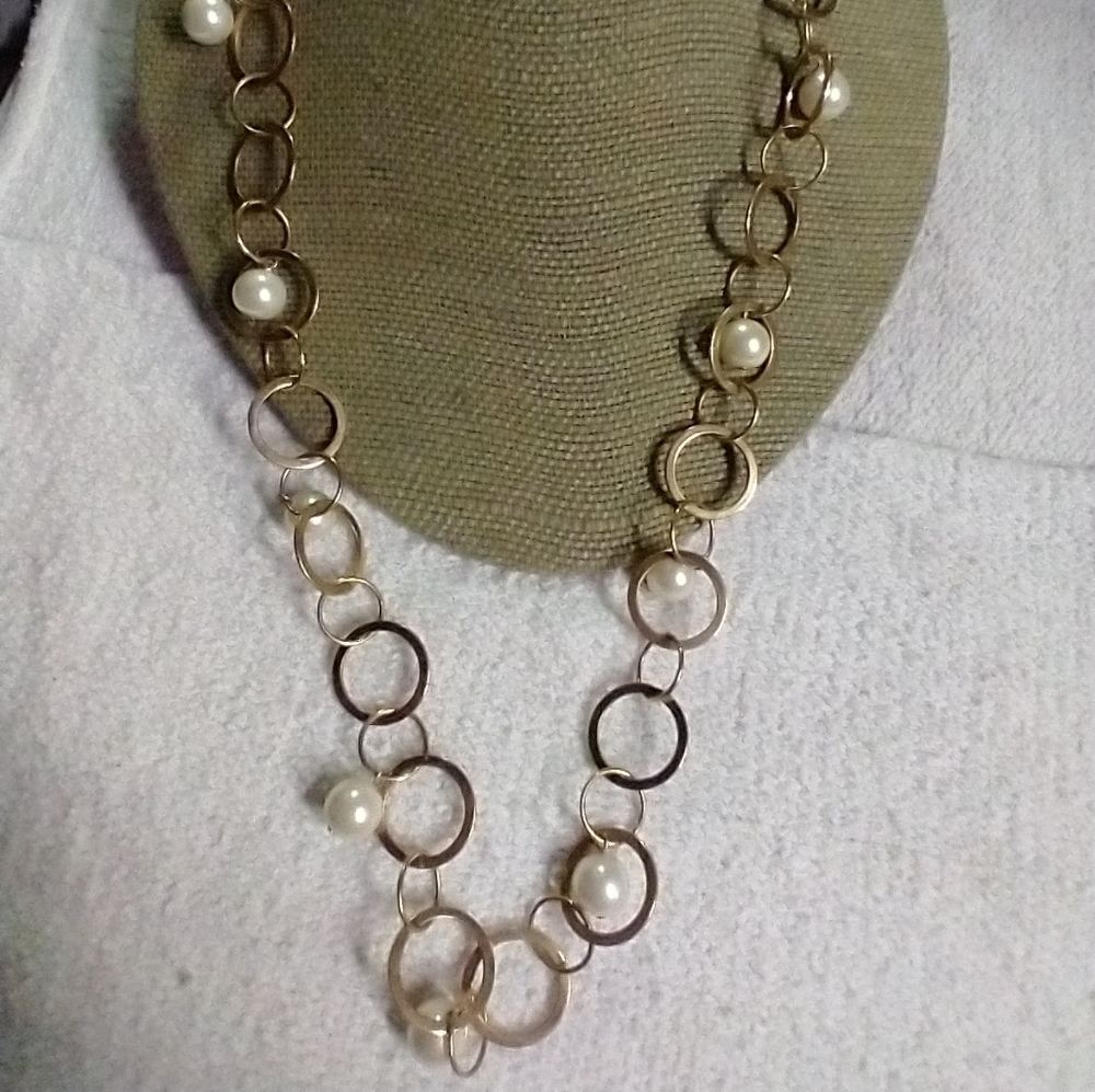 Goldtone faux pearl circles necklace long